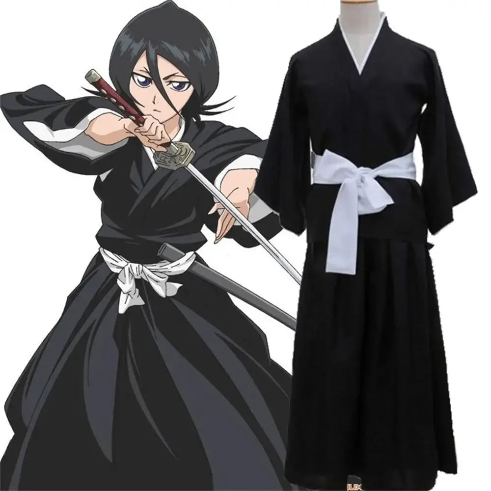 Black rukia shinigami cosplay outfit with white obi belt and collar for bleach shinigami cosplay set