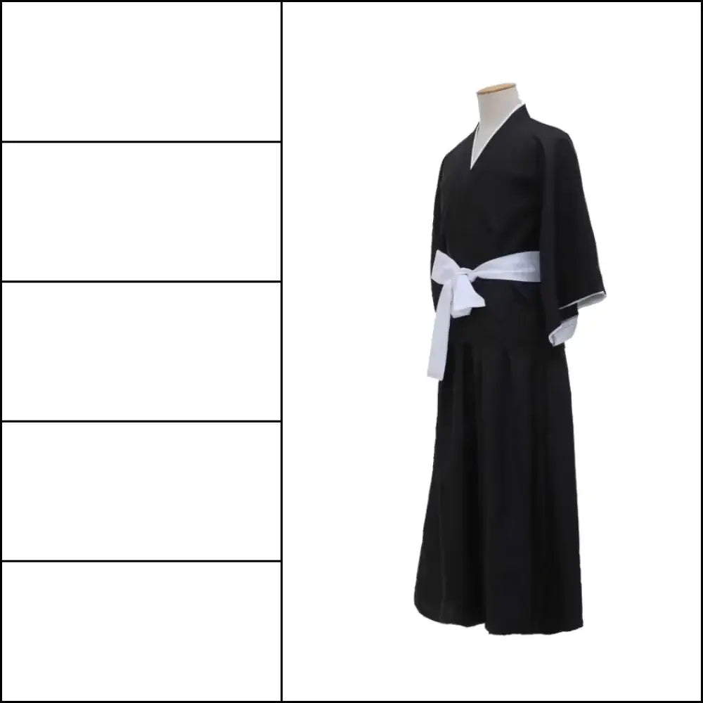 Black traditional japanese-style rukia shinigami cosplay robe with white sash tied at the waist for shinigami cosplay