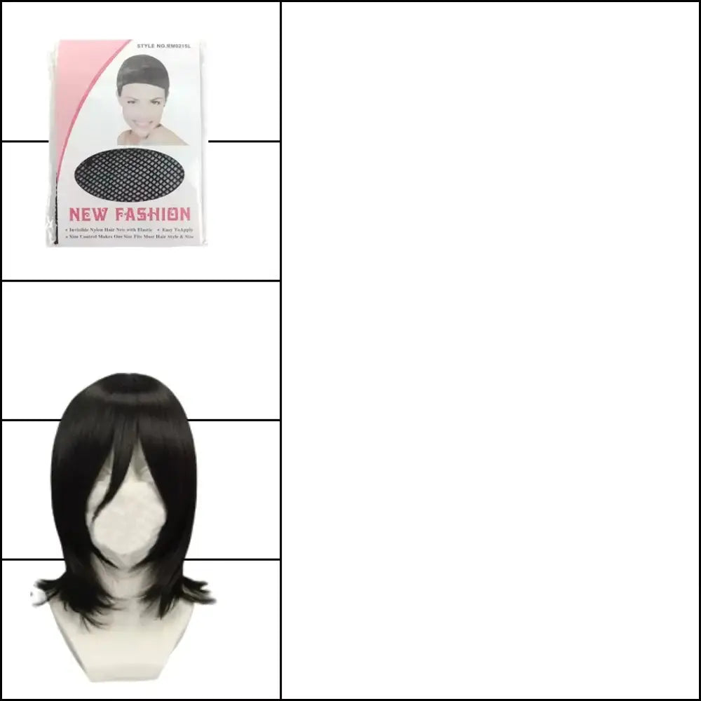 Black synthetic wig with straight shoulder-length hair and center part for rukia shinigami cosplay costume