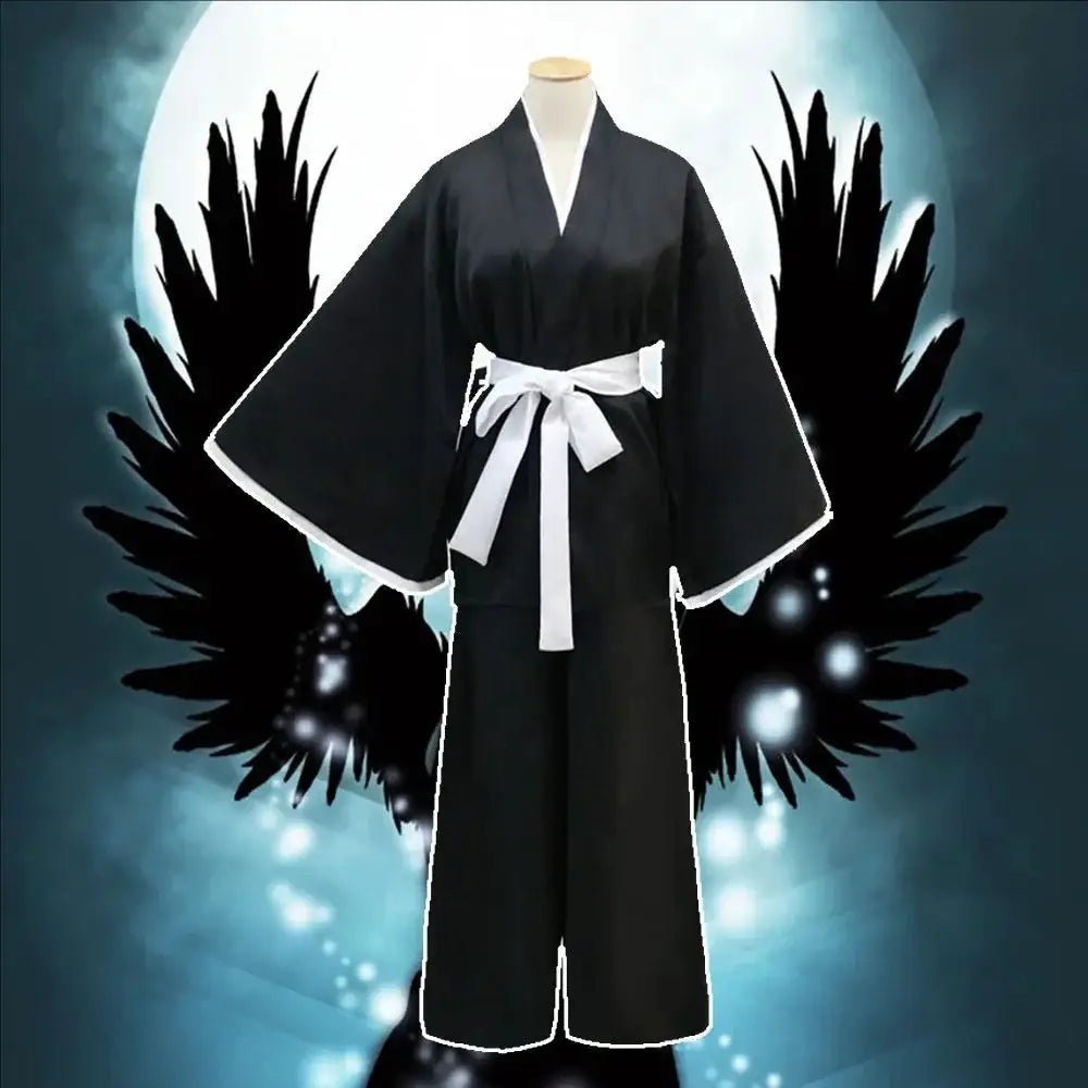 Black kimono-style shinigami kimono with white trim and sash featuring wide sleeves and v-neckline for soul society cosplay