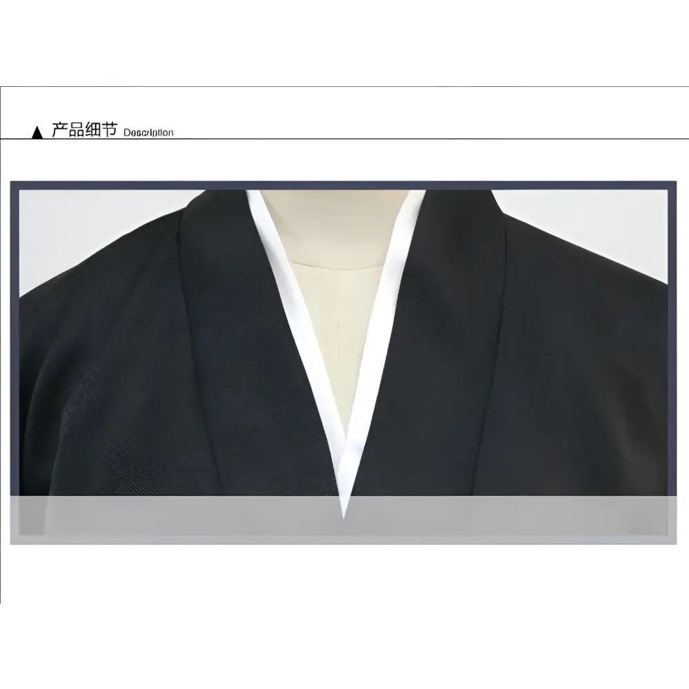 Black traditional shinigami kimono with crisp white inner collar for full bleach rukia soul society cosplay outfit