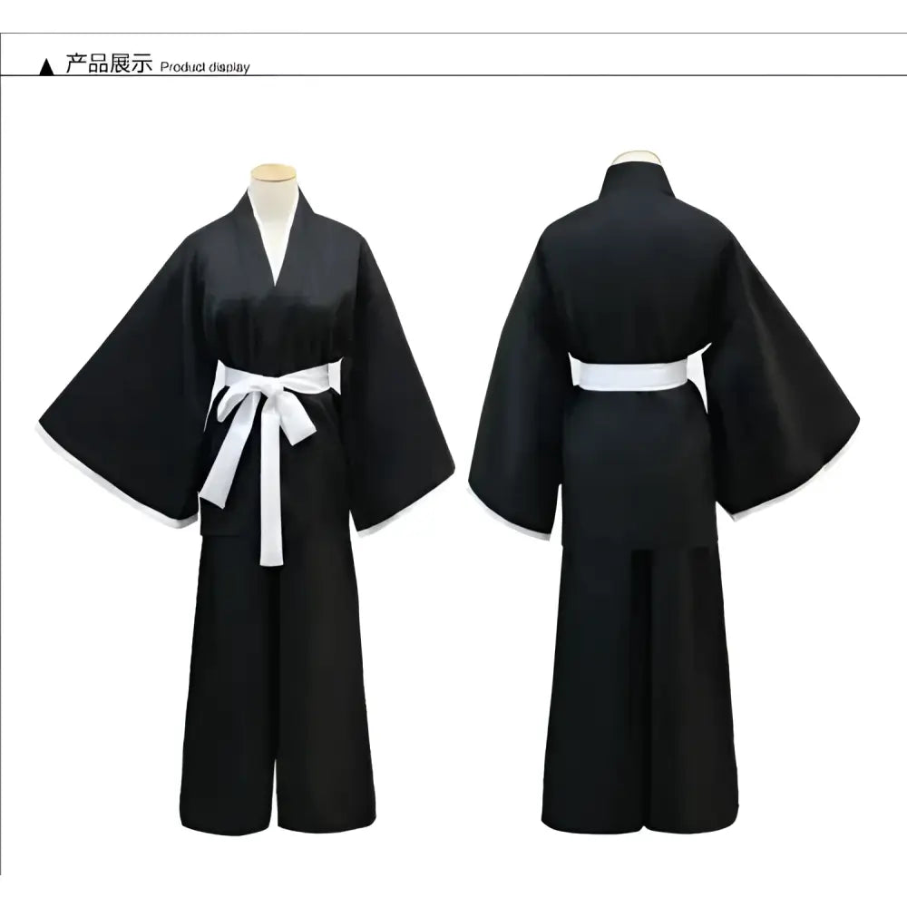 Black kimono with wide sleeves and white obi belt for bleach rukia full cosplay as a society shinigami kimono