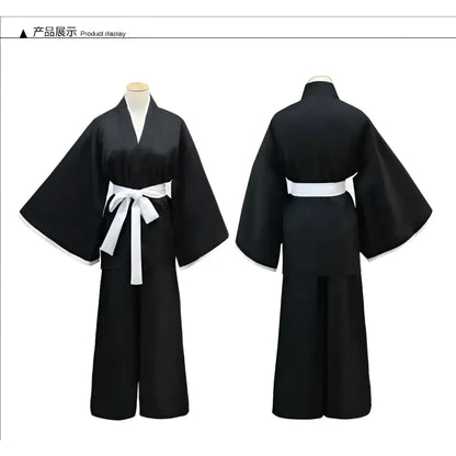 Black kimono with wide sleeves and white obi belt for bleach rukia full cosplay as a society shinigami kimono