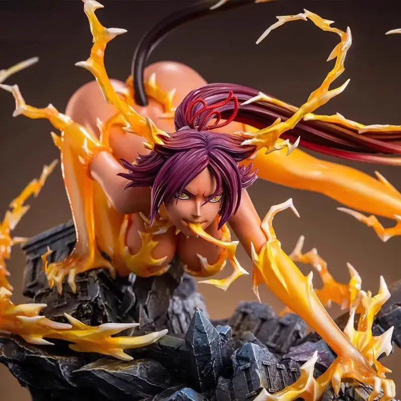 Bleach shihouin yoruichi anime statue with vibrant purple hair and dynamic orange flame effects in pvc resin 25cm