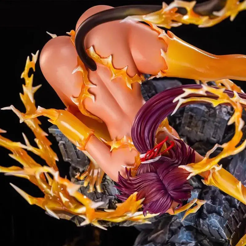 Detailed shihouin yoruichi anime statue with vibrant purple hair and orange flame effects sculpted in glossy resin 25cm