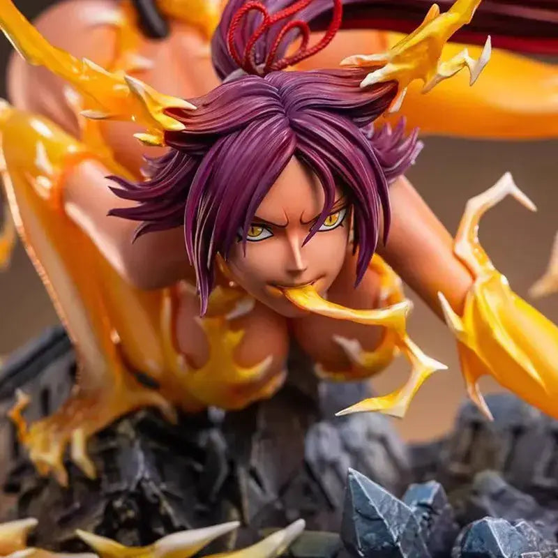 Bleach Shihouin Yoruichi anime statue PVC figure with purple hair and fiery orange yellow energy effects 25cm tall