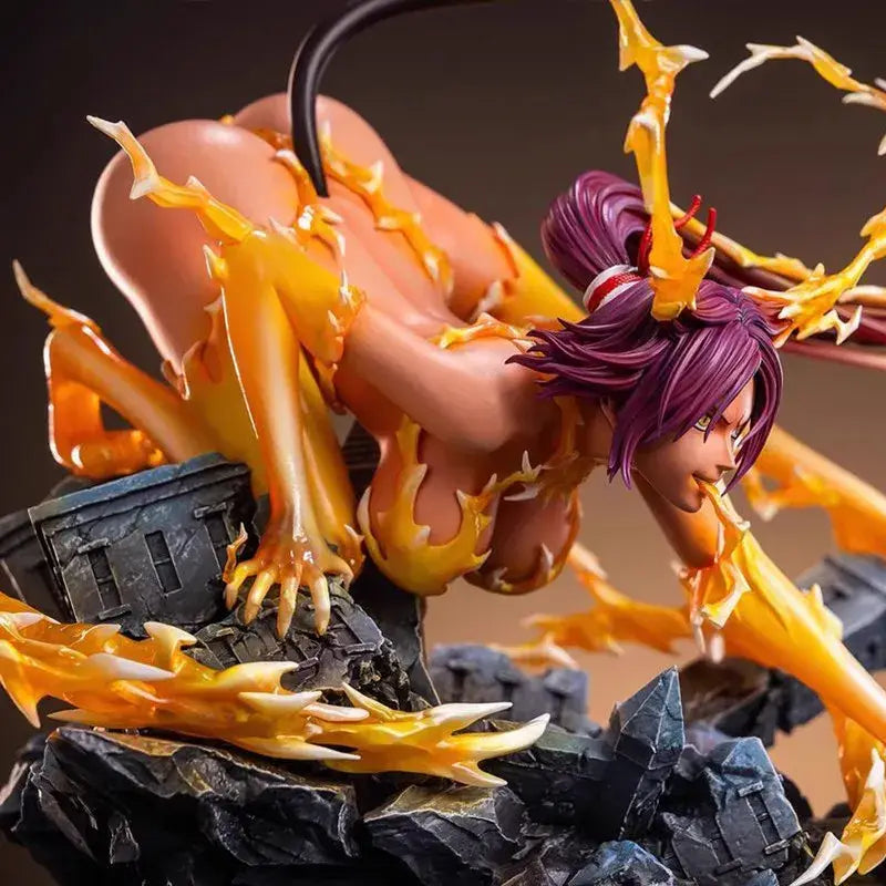 A detailed shihouin yoruichi anime statue resin figurine with purple hair and fiery flames on rocky terrain 25cm tall