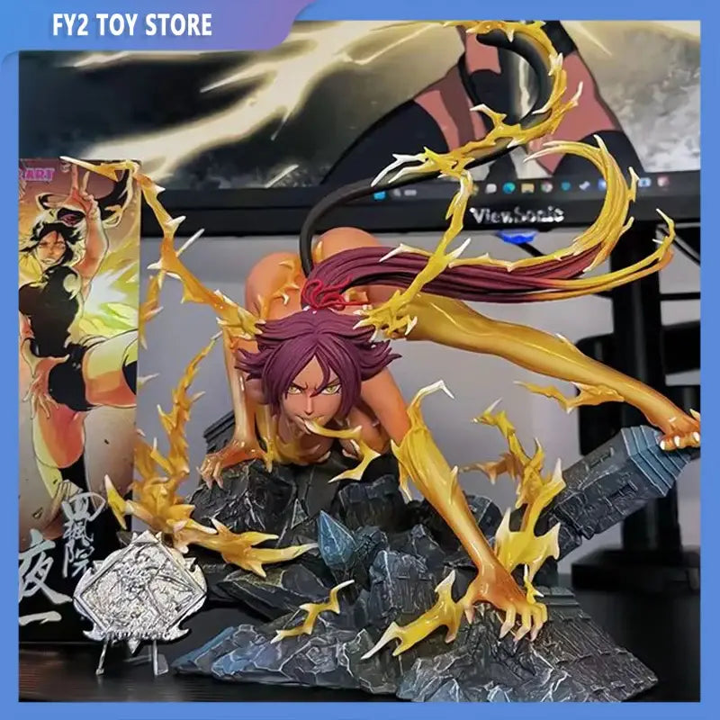 Bleach shihouin yoruichi anime statue with vibrant purple hair and golden energy tendrils on a rocky pvc base 25cm tall