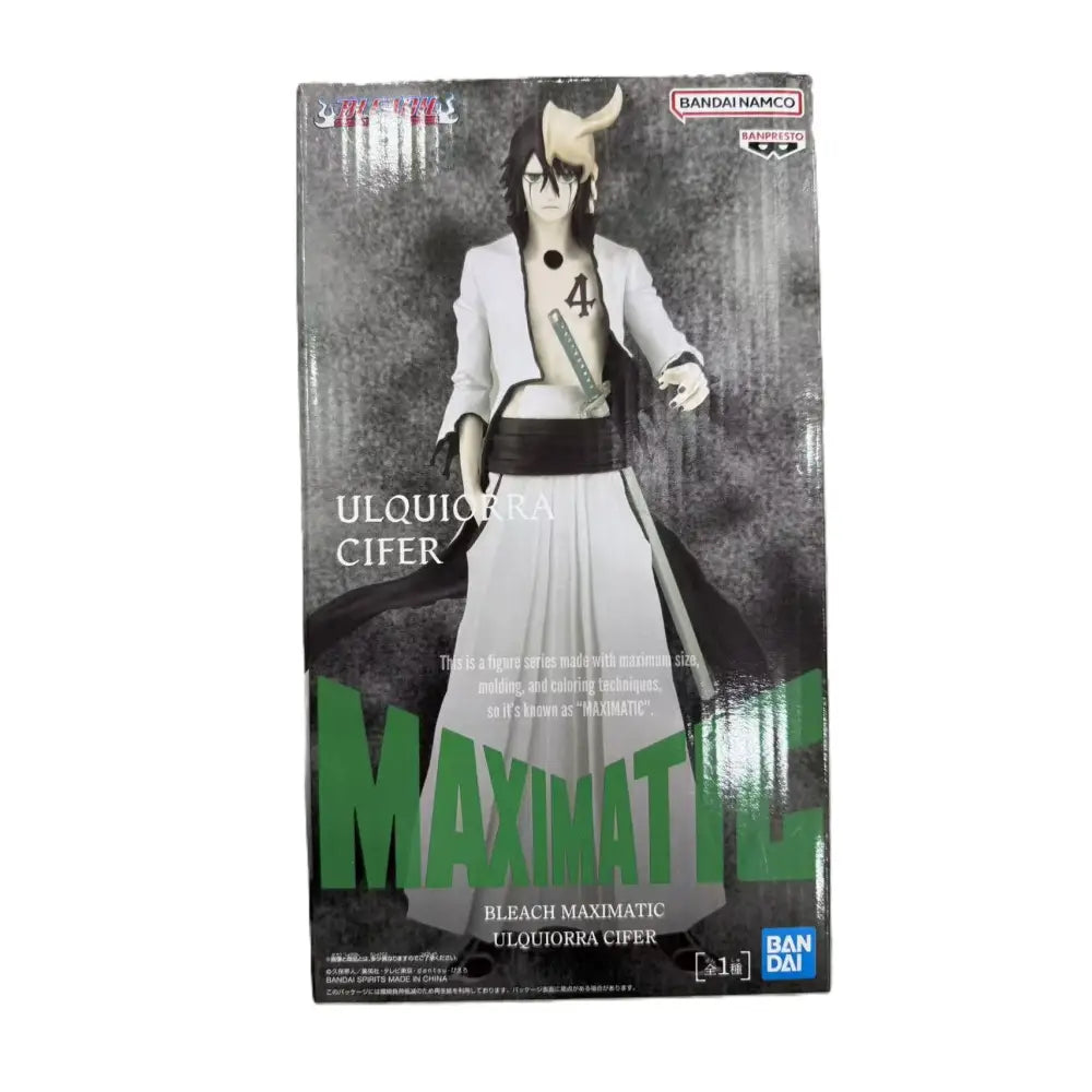 Bleach ulquiorra cifer maximatic pvc figure in white and black attire with sword by bandai namco packaging visible