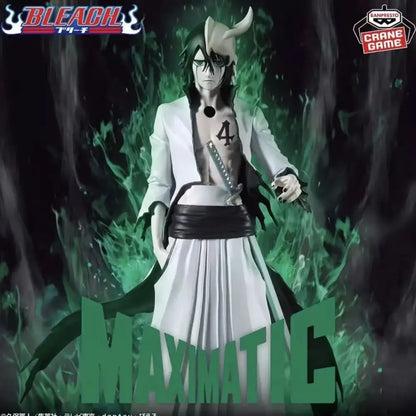 Bleach ulquiorra cifer maximatic pvc figure in white coat and black armor with green glowing aura holding sword at waist