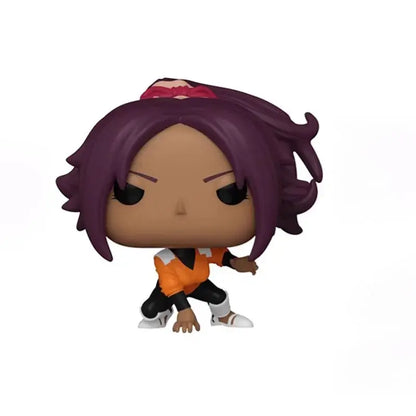 Purple-haired yoruichi shihouin pvc figure in orange and black outfit with white boots and pink headband from bleach