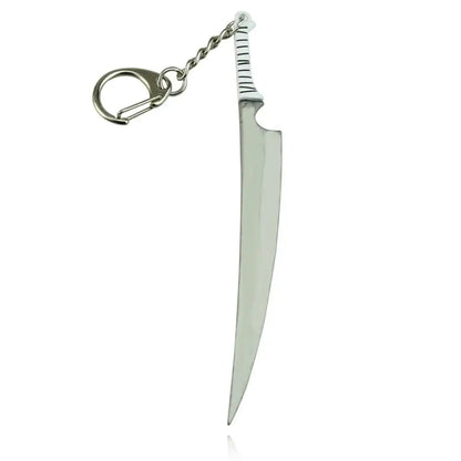 Silver-colored zinc alloy amulet necklace keychain shaped like a sword with a white handle and black stripes