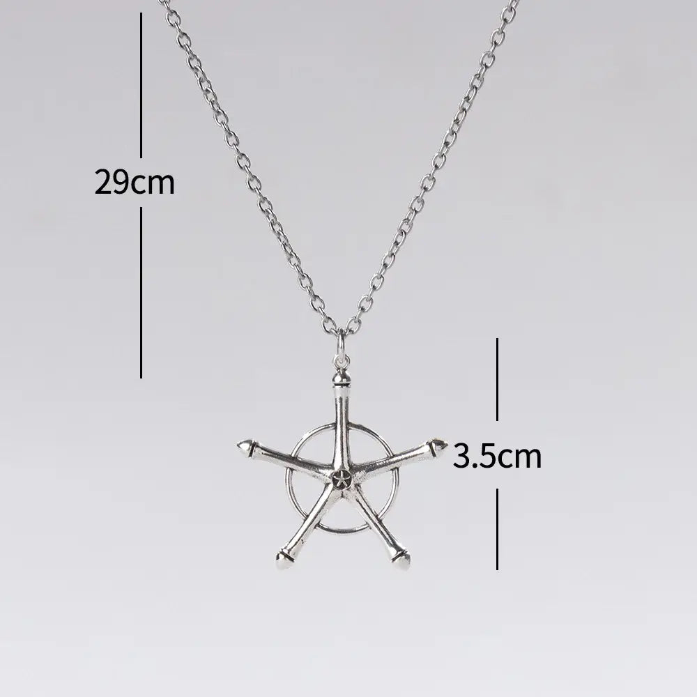 Silver ship’s wheel amulet necklace in polished zinc alloy with a 29cm chain and 3.5cm charm, Bleach Uryu Ishida design