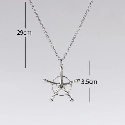 Silver ship’s wheel amulet necklace in polished zinc alloy with a 29cm chain and 3.5cm charm, Bleach Uryu Ishida design