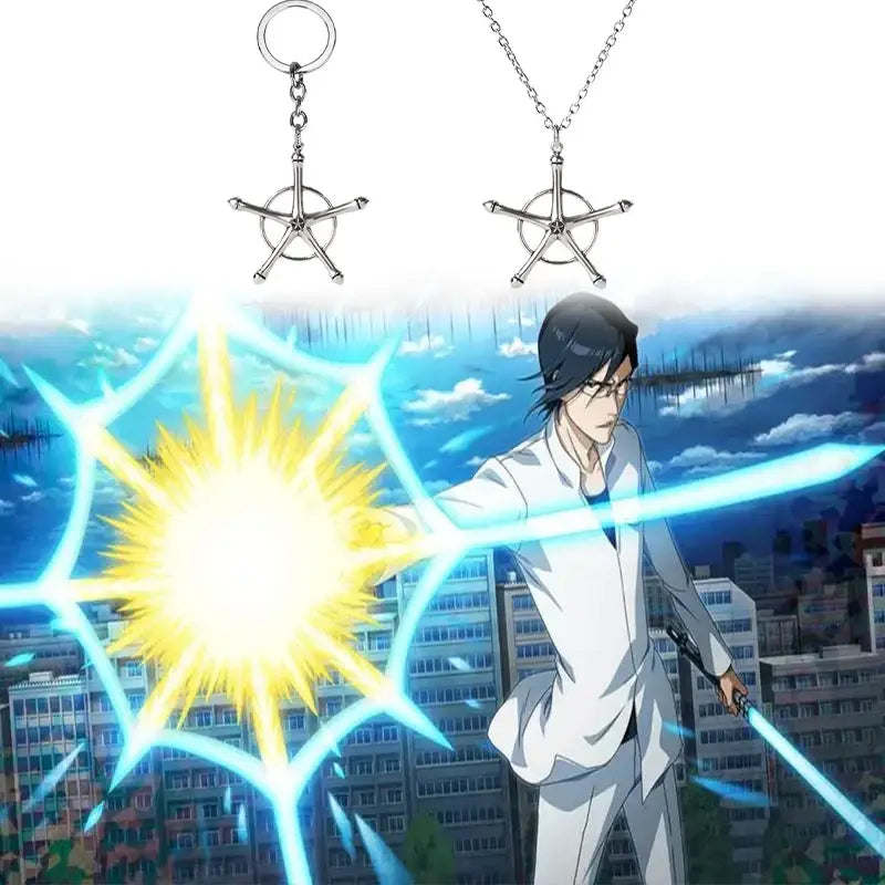 Silver five-pointed star amulet necklace and keychain made of zinc alloy featuring intersecting arms design