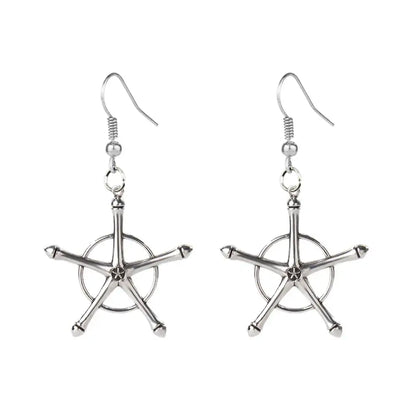 Silver star shaped earrings with central ring and polished metal tips from bleach uryuu ishida alloy choker necklace