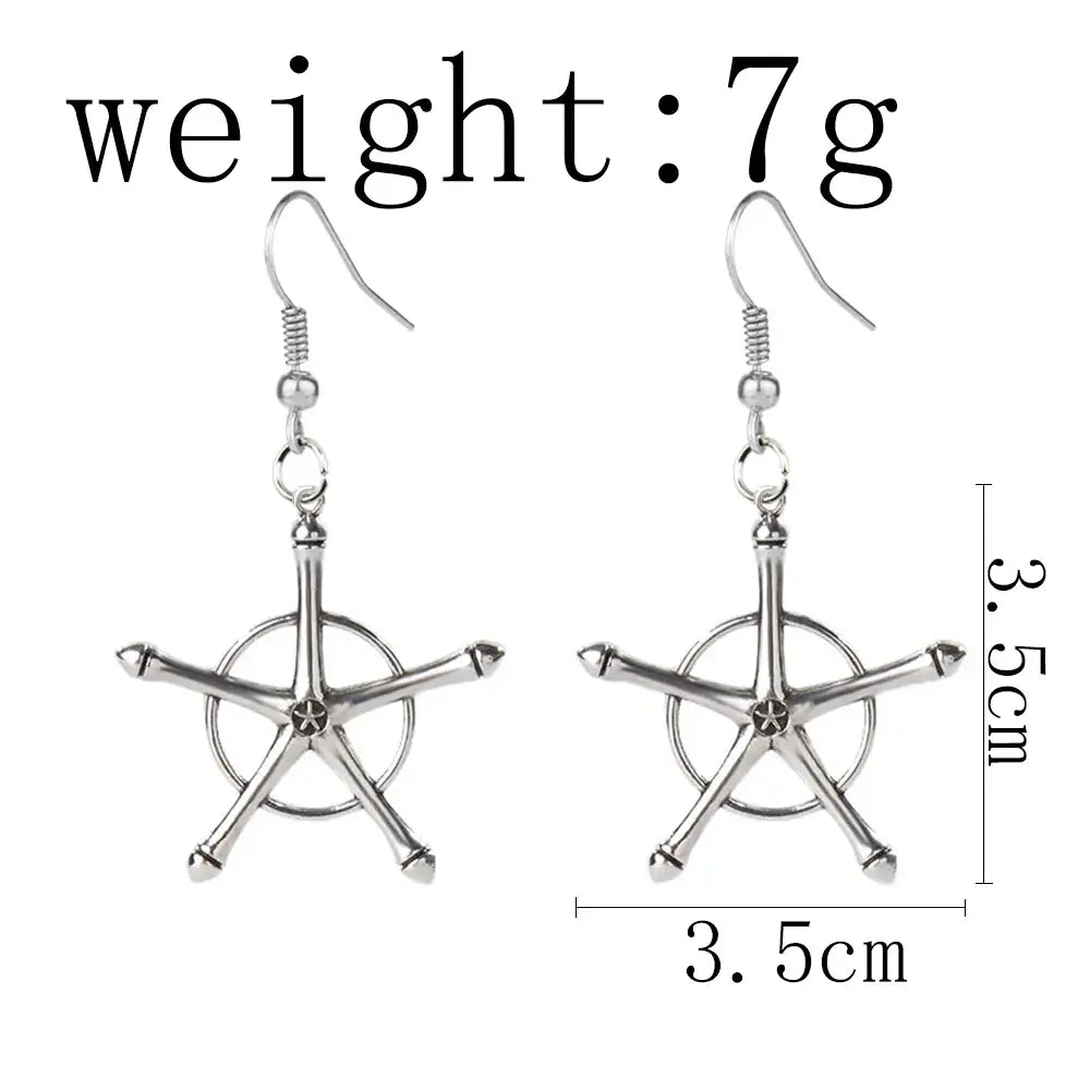 Silver star-shaped earrings with metallic finish and rounded tips paired with bleach uryuu ishida alloy choker necklace