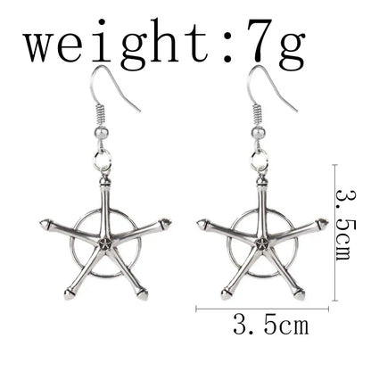 Silver star-shaped earrings with metallic finish and rounded tips paired with bleach uryuu ishida alloy choker necklace