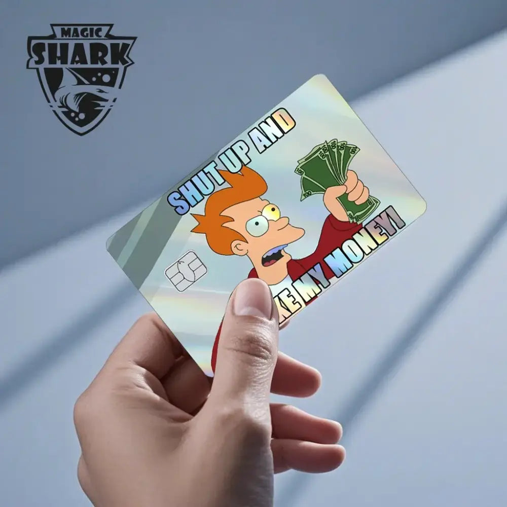 Blue eyes white dragon holographic card skin with an orange haired cartoon holding money and shut up and take my money text