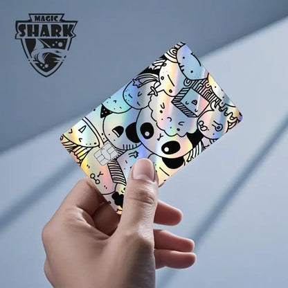 Blue eyes white dragon holographic card skin with playful panda cartoon design in iridescent rainbow hues