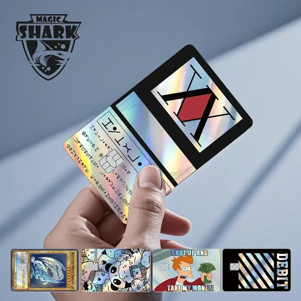 Blue eyes white dragon holographic card skin with a black border and rainbow shifting iridescent surface featuring x over red diamond