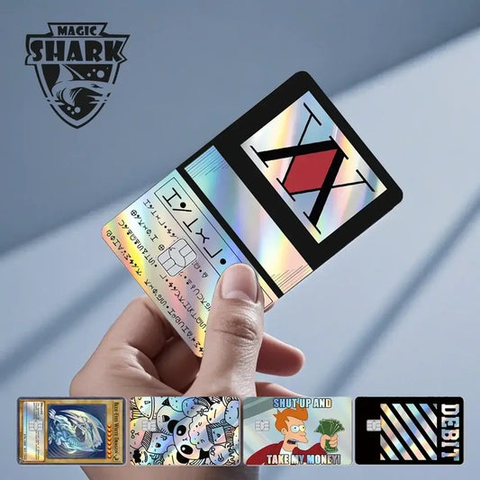 Blue eyes white dragon holographic card skin with a black border and rainbow shifting iridescent surface featuring x over red diamond