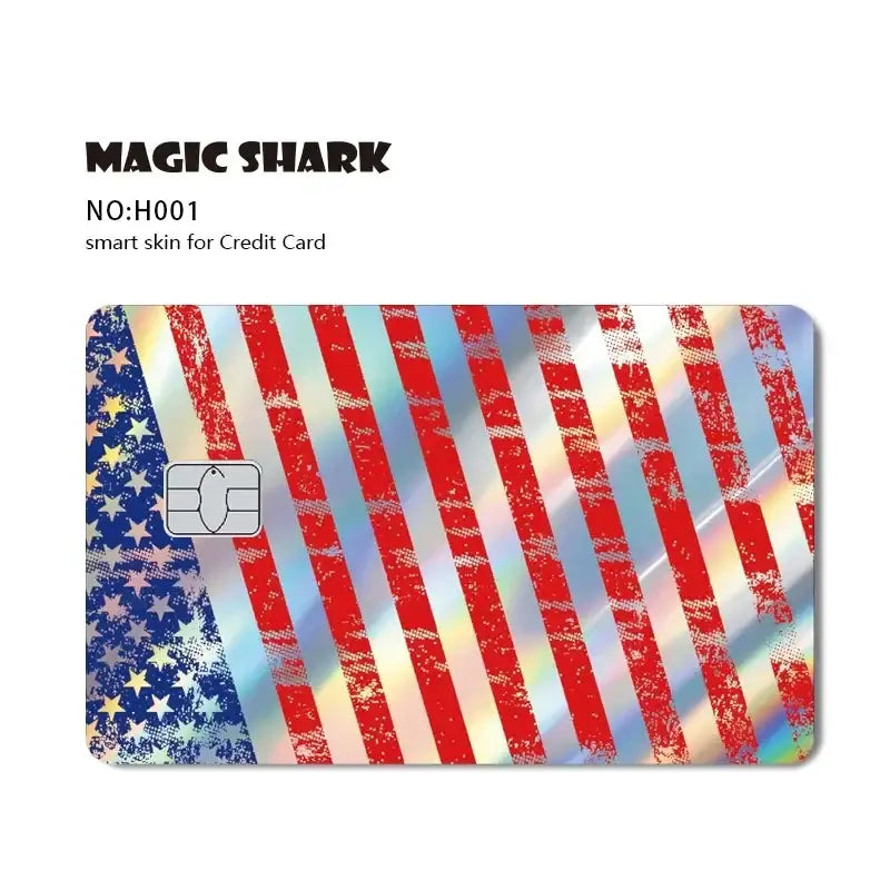 Blue eyes white dragon holographic card skin with american flag design featuring red and white stripes and blue stars