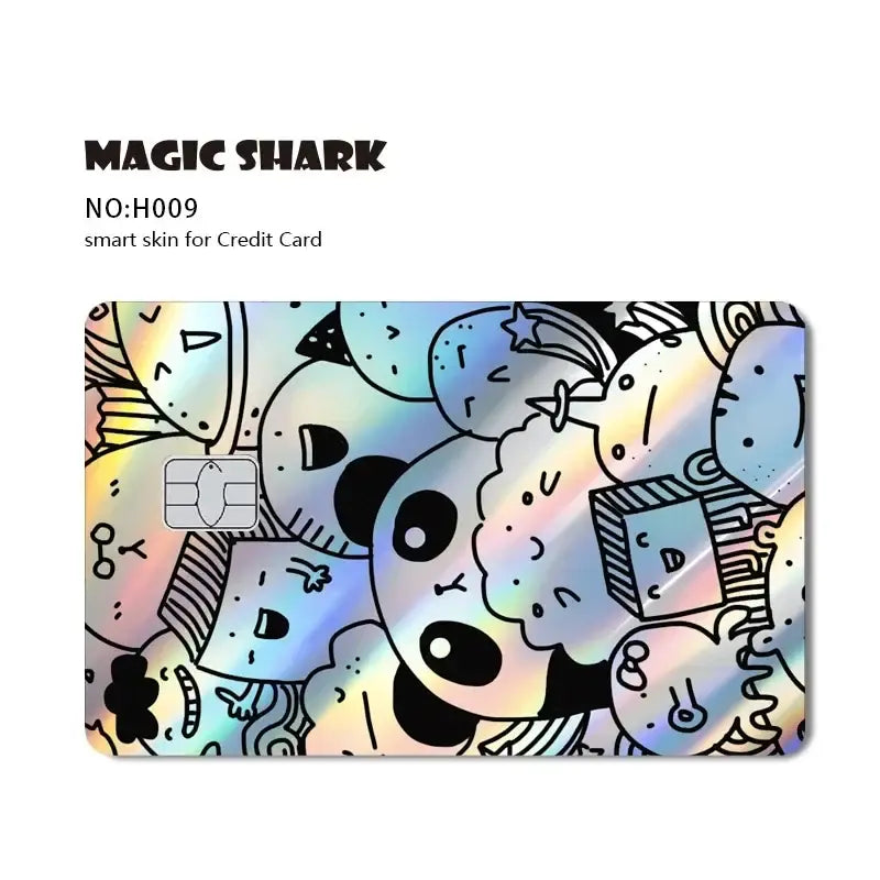 Blue eyes white dragon card skin with iridescent holographic surface featuring playful panda and cube doodles in black outlines