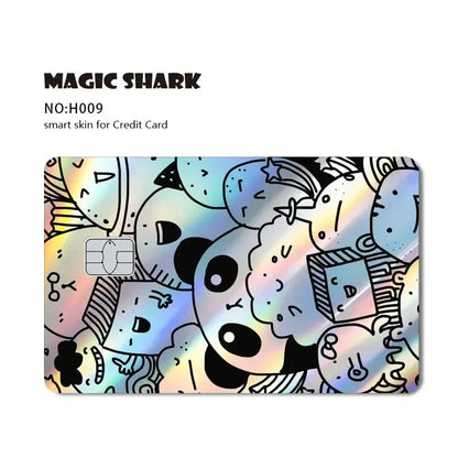 Blue eyes white dragon card skin with iridescent holographic surface featuring playful panda and cube doodles in black outlines