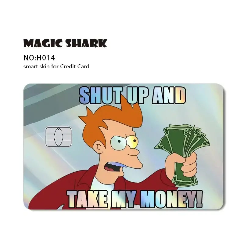 Blue eyes white dragon holographic card skin with iridescent finish featuring cartoon character holding money and bold text