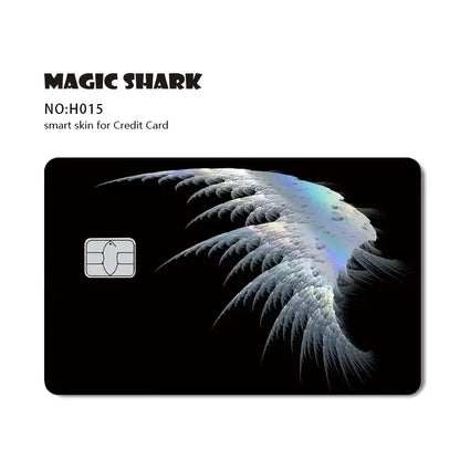 Black credit card skin with shimmering iridescent silver and blue wings for blue eyes white dragon design