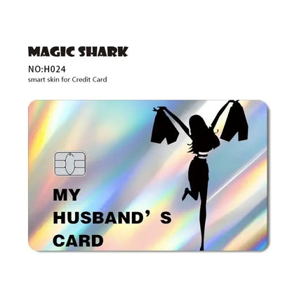 Blue eyes white dragon holographic rainbow card skin with a black silhouette woman holding two shirts my husbands card