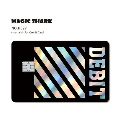 Black debit card with iridescent diagonal stripes and holographic debit lettering featuring blue eyes white dragon card skin