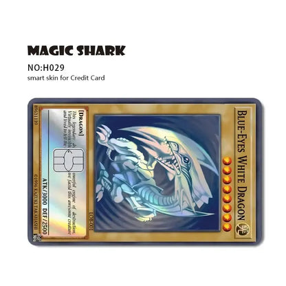 Blue eyes white dragon card skin with metallic gold border and shimmering silver and blue holographic design