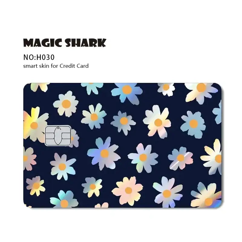 A blue eyes white dragon holographic card skin with a navy blue background and iridescent pastel daisies