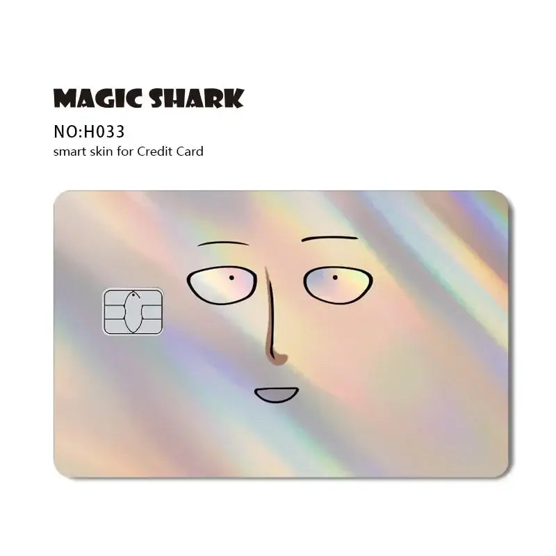 Blue eyes white dragon card skin with iridescent holographic finish and minimalist cartoon face design