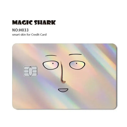 Blue eyes white dragon card skin with iridescent holographic finish and minimalist cartoon face design
