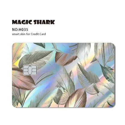 Blue eyes white dragon holographic card skin with iridescent leafy design in shades of blue and brown