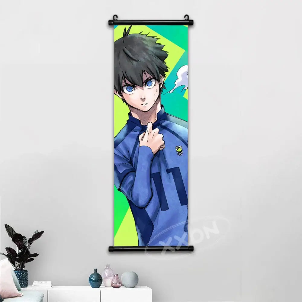 Blue lock isagi chigiri canvas scroll wall art featuring a young man in a blue sports jersey number 17 on black roller hardware