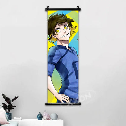 Blue lock isagi chigiri canvas scroll wall art featuring a smiling anime character in blue attire on yellow cyan background