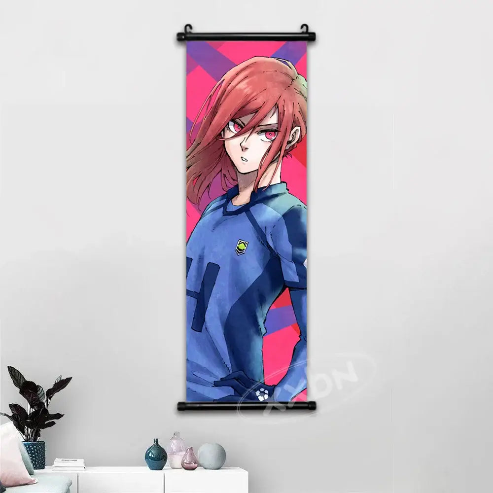 Vertical anime-style wall art canvas scroll featuring blue lock isagi chigiri with reddish-brown hair and pink eyes