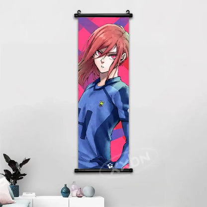 Vertical anime-style wall art canvas scroll featuring blue lock isagi chigiri with reddish-brown hair and pink eyes