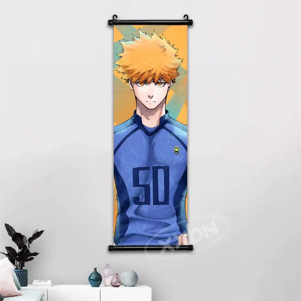 Blue lock isagi chigiri canvas scroll wall art featuring an anime character with spiky orange hair and blue jersey 50