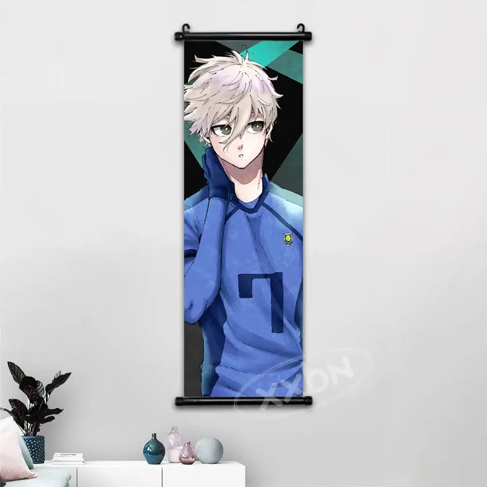Vertical wall art canvas scroll featuring blue lock isagi and lock isagi chigiri in blue athletic jersey number 7