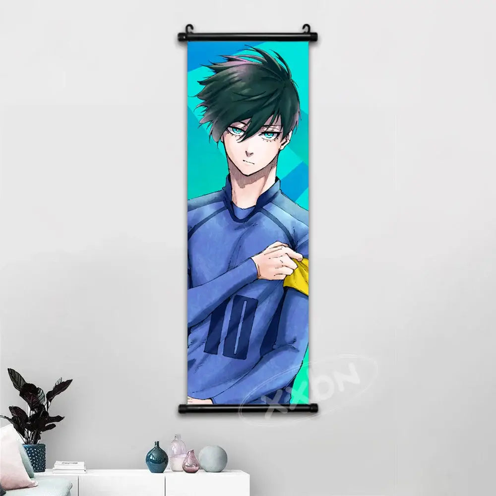 Blue lock isagi chigiri canvas scroll wall art featuring a young man with black hair and green eyes in a blue jersey