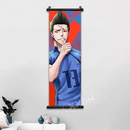 Blue lock isagi chigiri wall art canvas scroll featuring a spiky-haired figure in jersey number 13 on black roller hardware