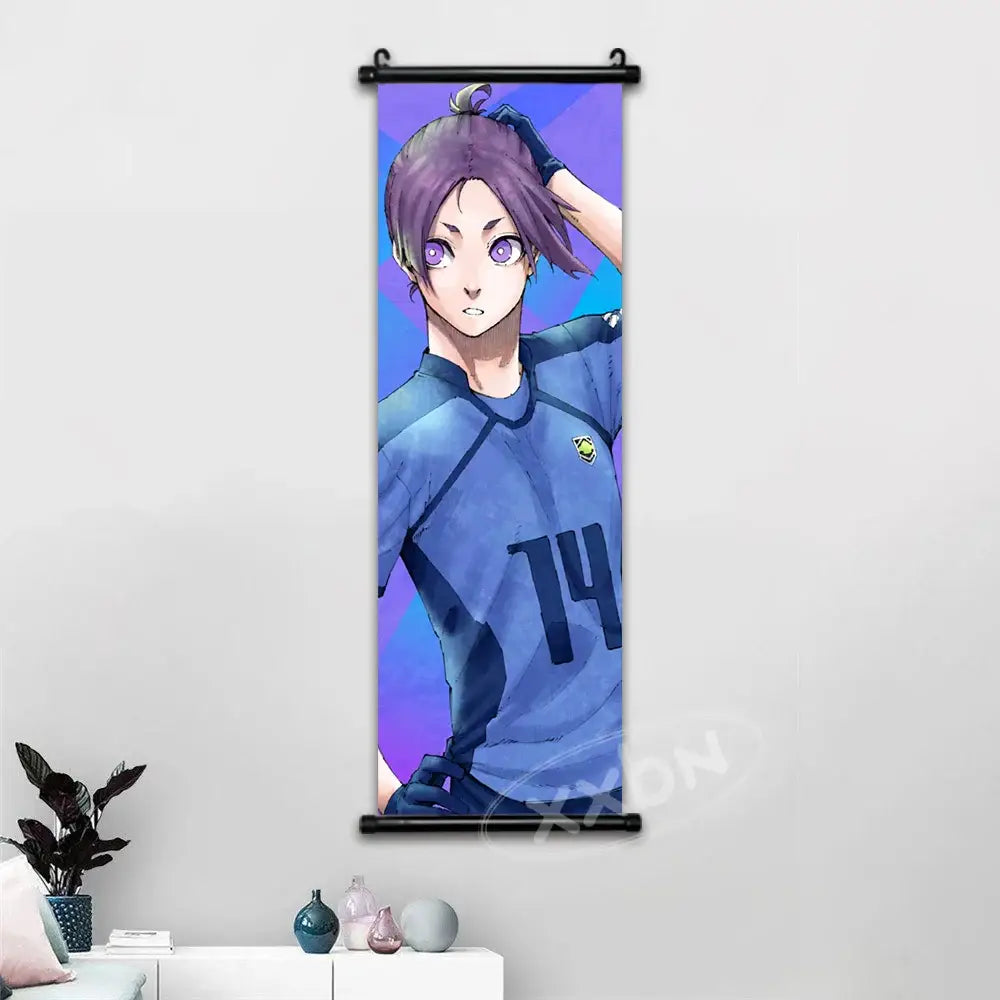 Vertical wall art scroll featuring lock isagi chigiri in blue sports jersey number 14 from blue lock isagi