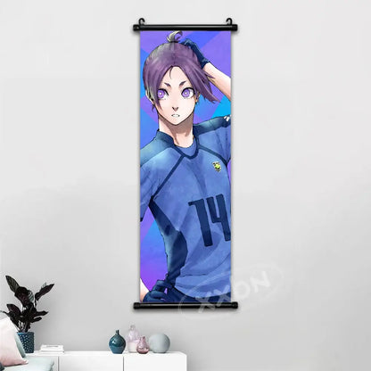 Vertical wall art scroll featuring lock isagi chigiri in blue sports jersey number 14 from blue lock isagi