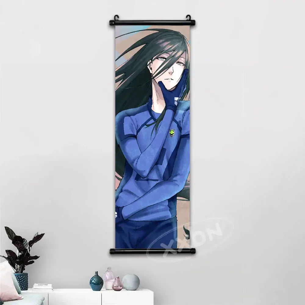 Blue lock isagi chigiri wall art scroll featuring a blue canvas with long black hair and green emblem uniform design
