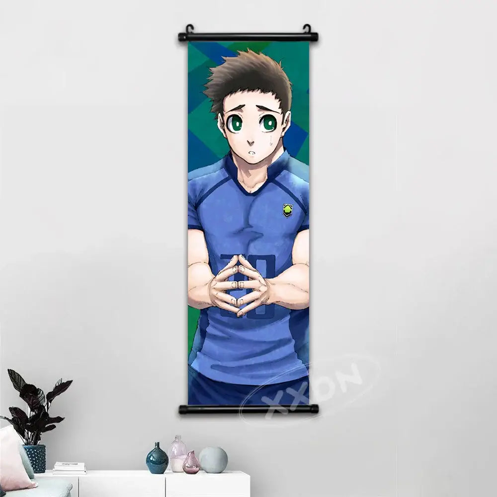 Blue lock isagi chigiri canvas scroll wall art features a young man with brown hair and green eyes in a blue jersey